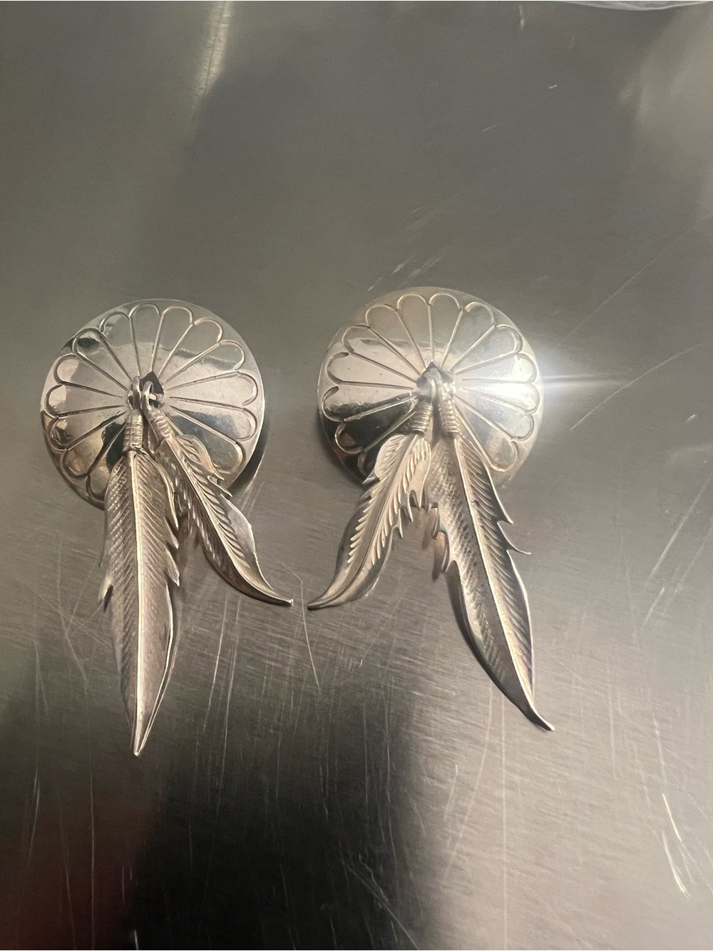 Sterling Silver Feather Concho post  Earrings